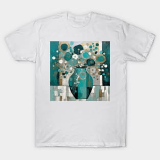 Turquoise Teal Silver and Gold Modern Contemporary Floral Still Life Painting T-Shirt